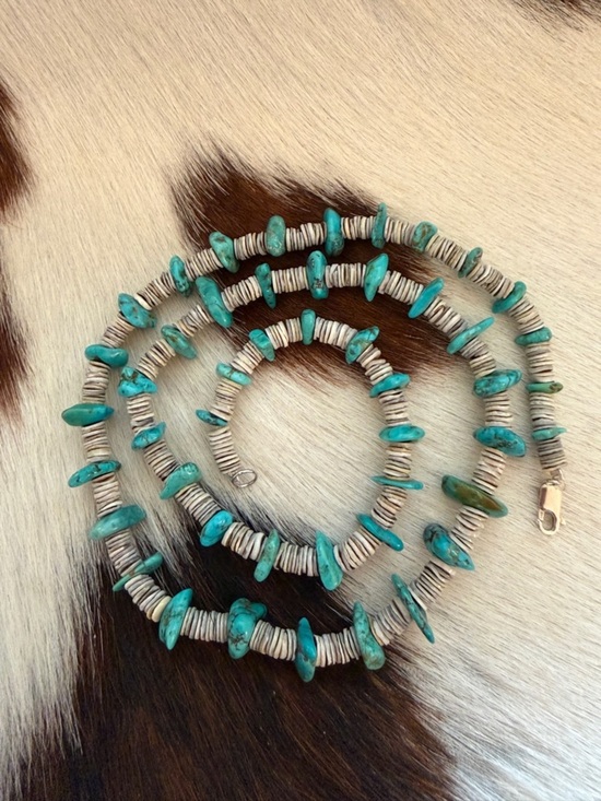 Native American Jewelry - ❤️ 24” Shell Heishi Beads & Turquoise Navajo Artisan Necklace Sterling Lobster